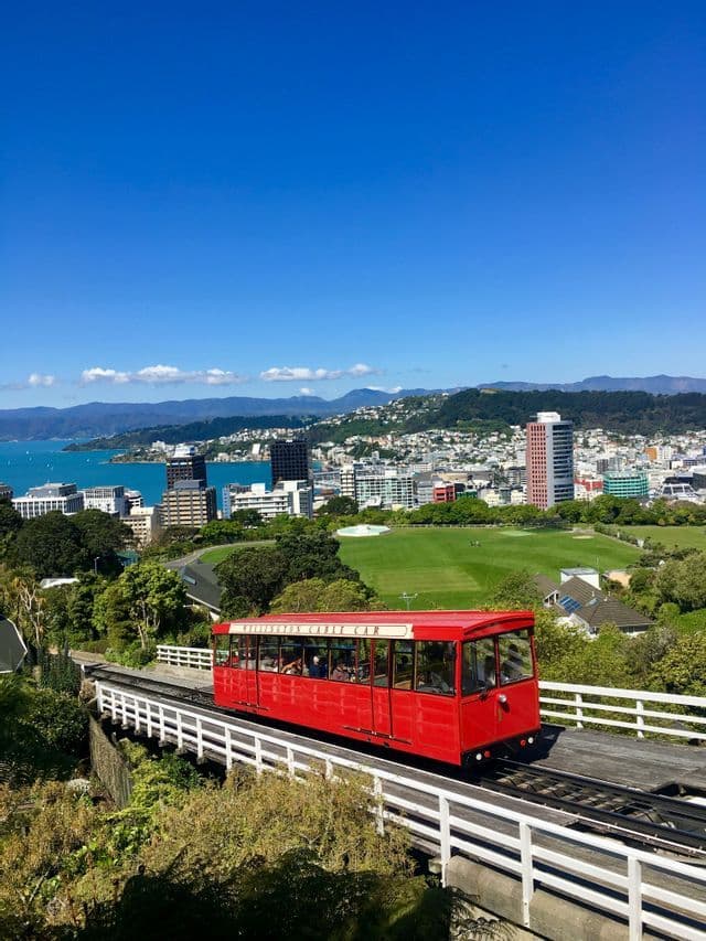 La funicolare rossa di Wellington percorre un tracciato sopraelevato che domina la città, un porto e verdi colline sotto un cielo azzurro.