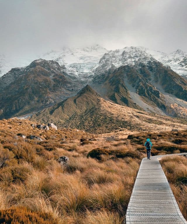 A person with a backpack walks on a wooden boardwalk through a grassy valley towards snow-capped mountains.