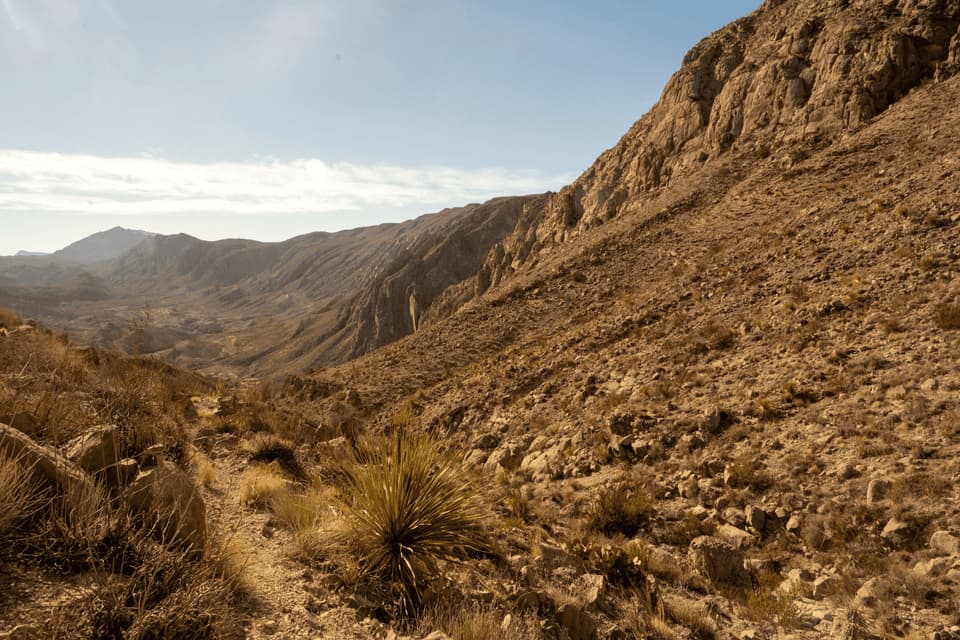 A hiking trail descends into a vast, arid mountain valley with rocky slopes and sparse desert plants under a bright sky.