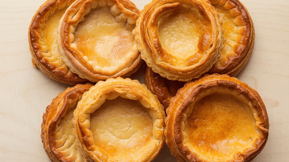 Vista ravvicinata dall'alto di diverse tartellette di pasta sfoglia dorate con ripieno cremoso, disposte su una superficie di legno chiaro.