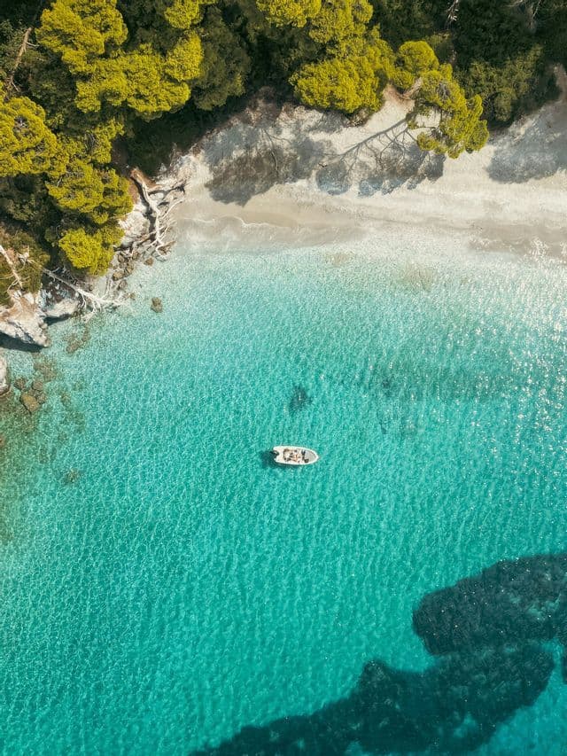 Una piccola barca con un gruppo WeRoad galleggia su acqua turchese vicino a una costa sabbiosa e alberata, ripresa dall'alto.