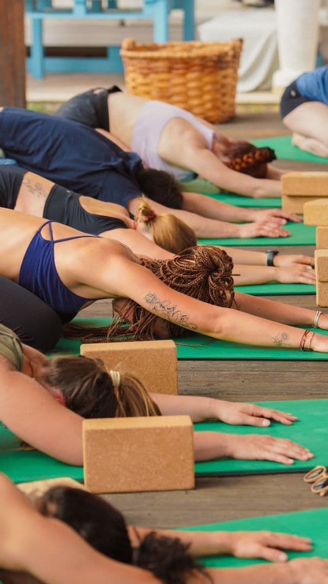 Un gruppo WeRoad in viaggio pratica la posizione del bambino in fila su tappetini da yoga verdi durante una lezione all'aperto.