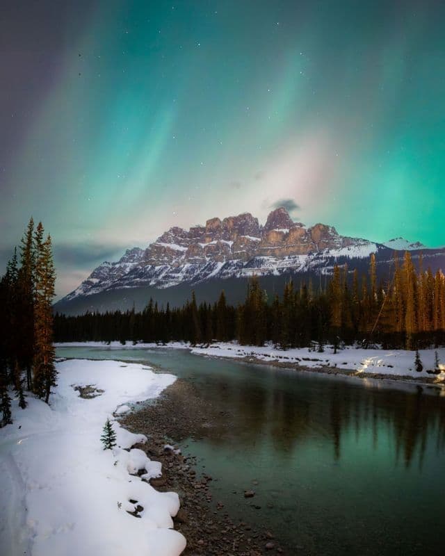 The aurora borealis glows in a starry night sky above a snowy mountain range, a pine forest, and a winding river.