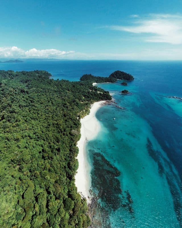 An aerial view of a tropical coastline showing a white sand beach between a dense green forest and turquoise water.