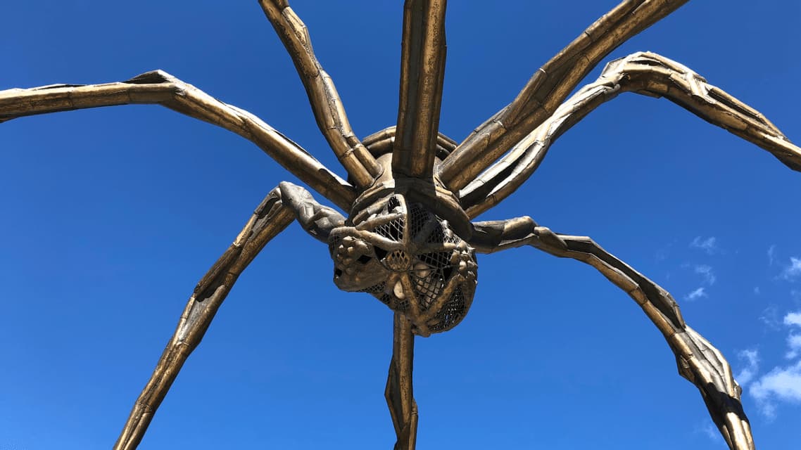 Un'inquadratura dal basso di una grande scultura metallica a forma di ragno contro un cielo azzurro brillante.