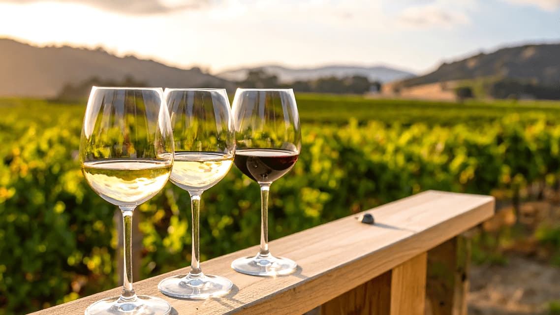 Tre bicchieri di vino bianco e rosso su una sporgenza di legno che si affaccia su un vigneto soleggiato con colline ondulate sullo sfondo.