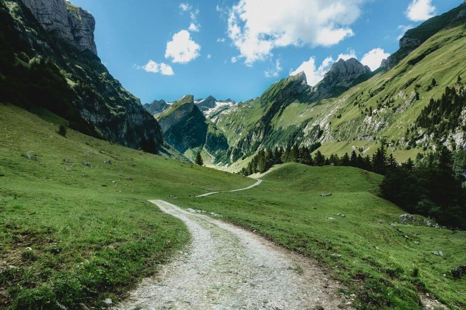 Un sentiero di ghiaia si snoda in una lussureggiante valle verde, circondata da ripide montagne, sotto un cielo azzurro con nuvole bianche.