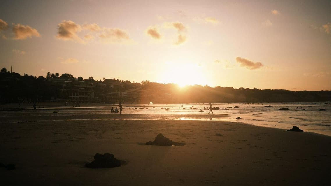 Sagome di persone su un'ampia spiaggia al tramonto, con la luce dorata che si riflette sulla sabbia bagnata e sull'acqua.