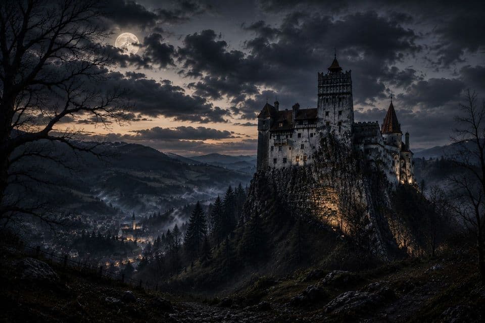 Un vecchio castello di pietra su una scogliera è illuminato al crepuscolo sotto una luna piena, con un villaggio nebbioso sottostante.