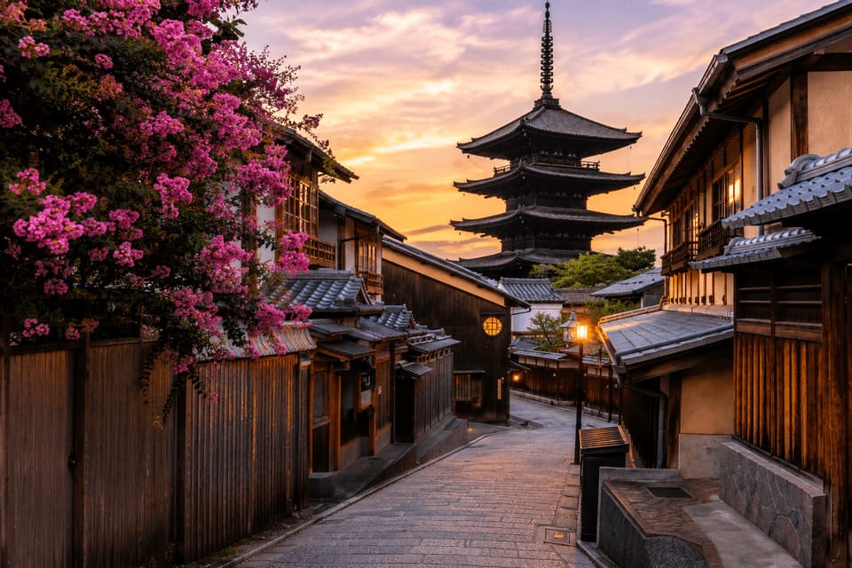 Una pagoda giapponese vista da una strada acciottolata costeggiata da case tradizionali e fiori rosa al tramonto.