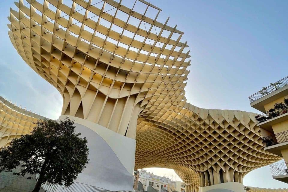 Una grande e moderna struttura architettonica con un design a griglia in legno, vista da un'angolazione bassa contro un cielo blu chiaro.