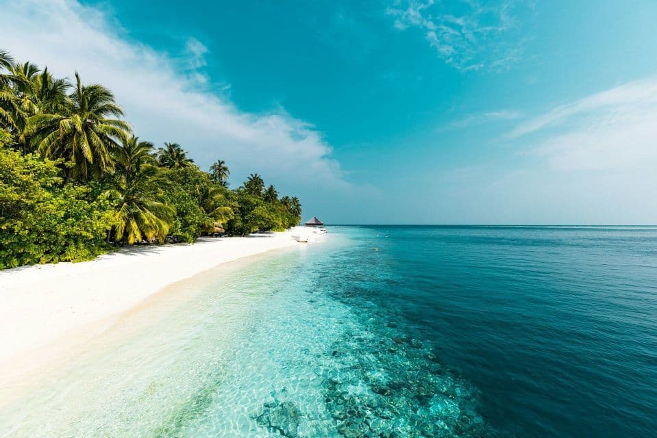 Una spiaggia di sabbia bianca con palme lussureggianti incontra l'acqua cristallina turchese dell'oceano sotto un cielo blu parzialmente nuvoloso.