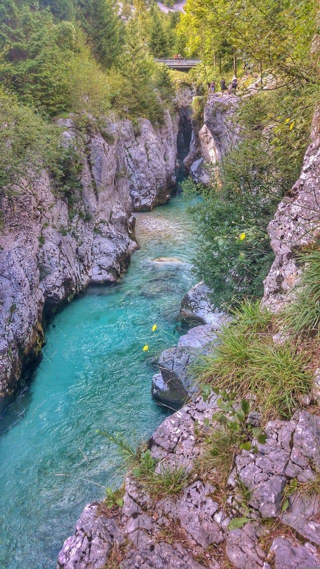 Eine WeRoad-Gruppe steht auf einer felsigen Klippe und blickt hinab in eine tiefe Schlucht, durch die ein klarer, türkisfarbener Fluss strömt.