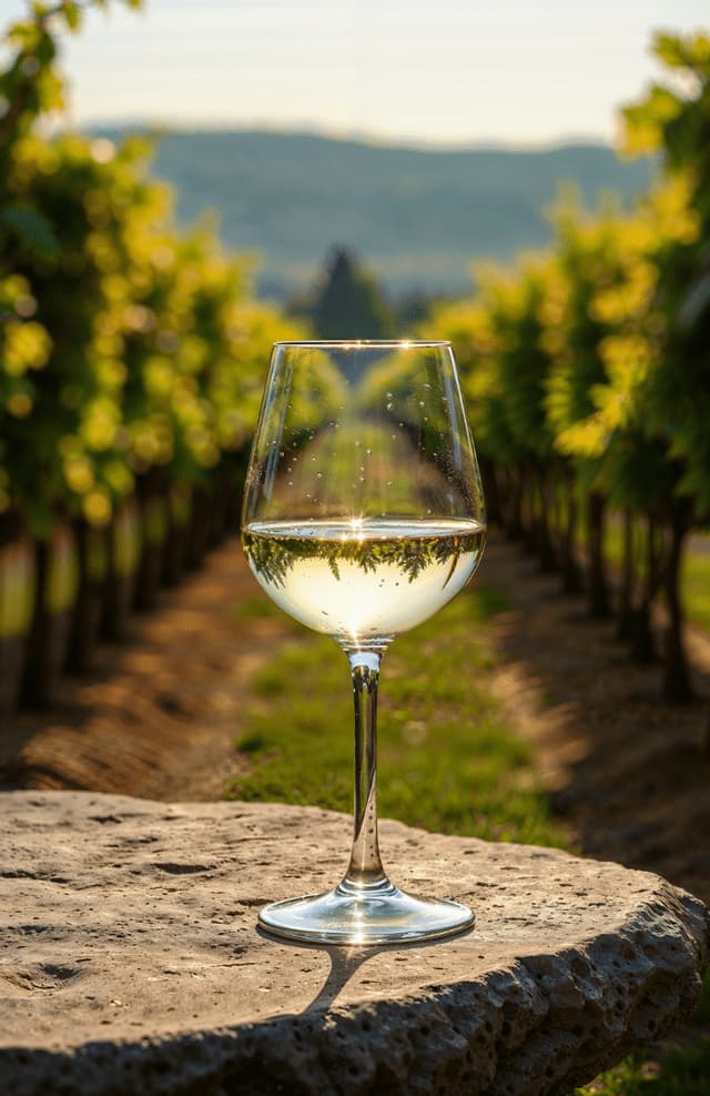 Un bicchiere di vino bianco poggia su un muro di pietra, con filari di viti illuminate dal sole in un vigneto che si estende sullo sfondo.