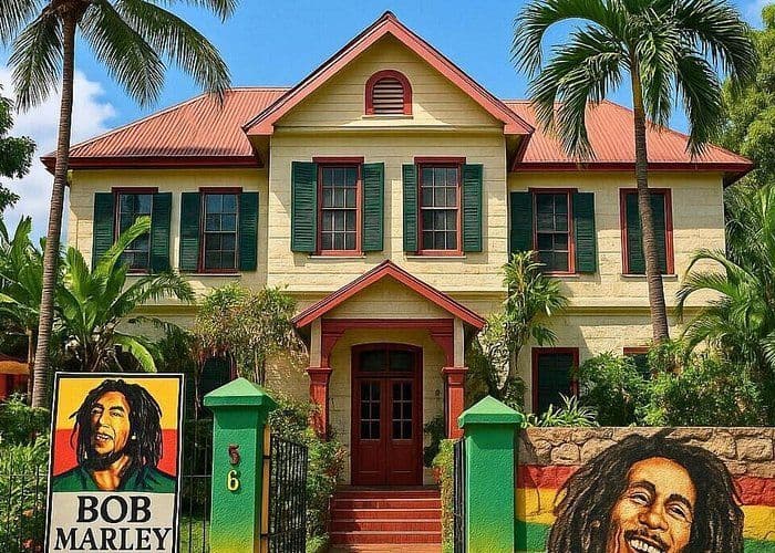El exterior del Museo Bob Marley, una casa amarilla con persianas verdes, rodeada de palmeras, con un cartel y un mural con su retrato.