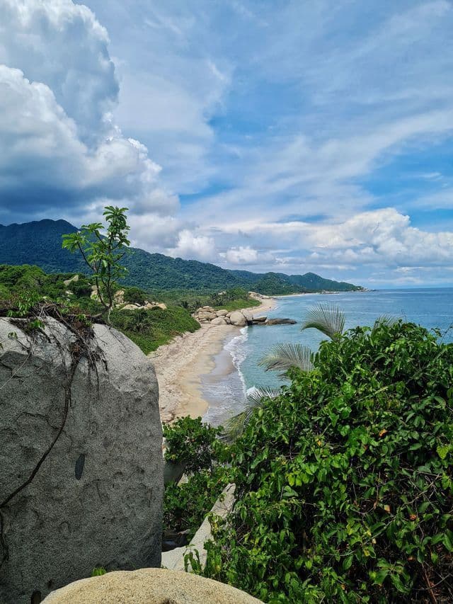 Une vue plongeante depuis un affleurement rocheux montre une plage de sable s'incurvant le long d'un littoral boisé sous un ciel partiellement nuageux.