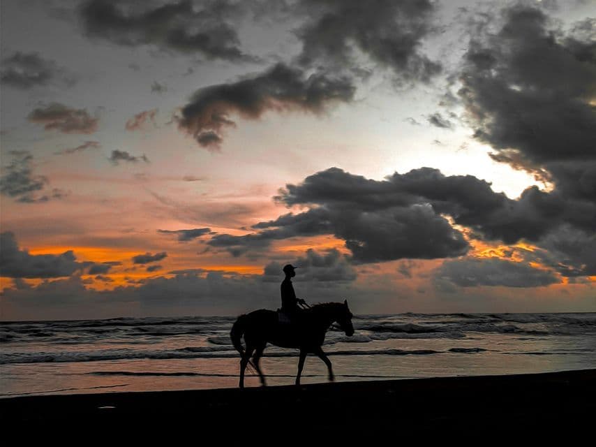 Una silueta de una persona a caballo a lo largo de la orilla del océano bajo un cielo nublado y anaranjado al atardecer.