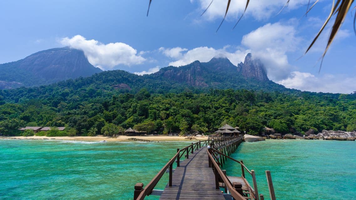 Un lungo molo di legno si estende su acque turchesi verso una spiaggia sabbiosa, con dietro montagne verdi e lussureggianti sotto un cielo azzurro con nuvole soffici.
