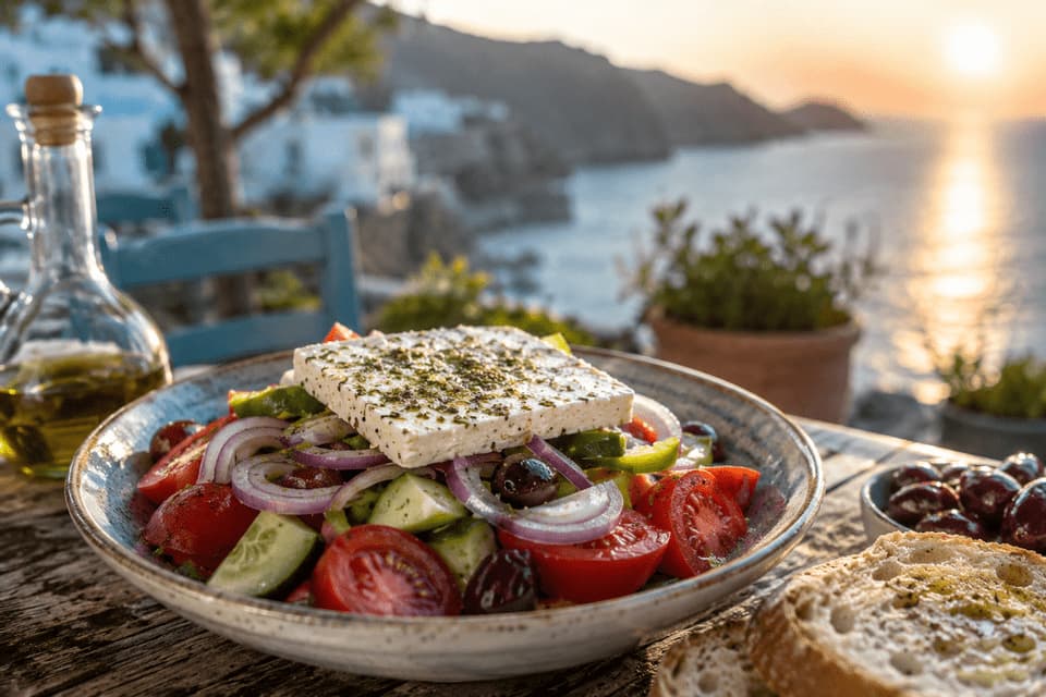 Insalata greca con feta su tavolo di legno affacciato sul mare al tramonto.