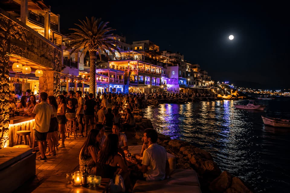 Una folla di persone socializza in un vivace bar sul lungomare di notte, con edifici e una luna piena che si riflettono sull'acqua.