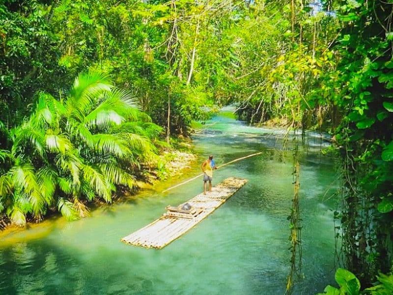 Eine Person steuert ein Bambusfloß mit einer langen Stange einen türkisfarbenen Fluss hinunter, umgeben von einem üppig grünen Dschungel.