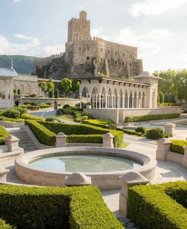 Un château de pierre est perché sur une colline rocheuse, dominant un jardin à la française avec une fontaine circulaire et une colonnade arquée.