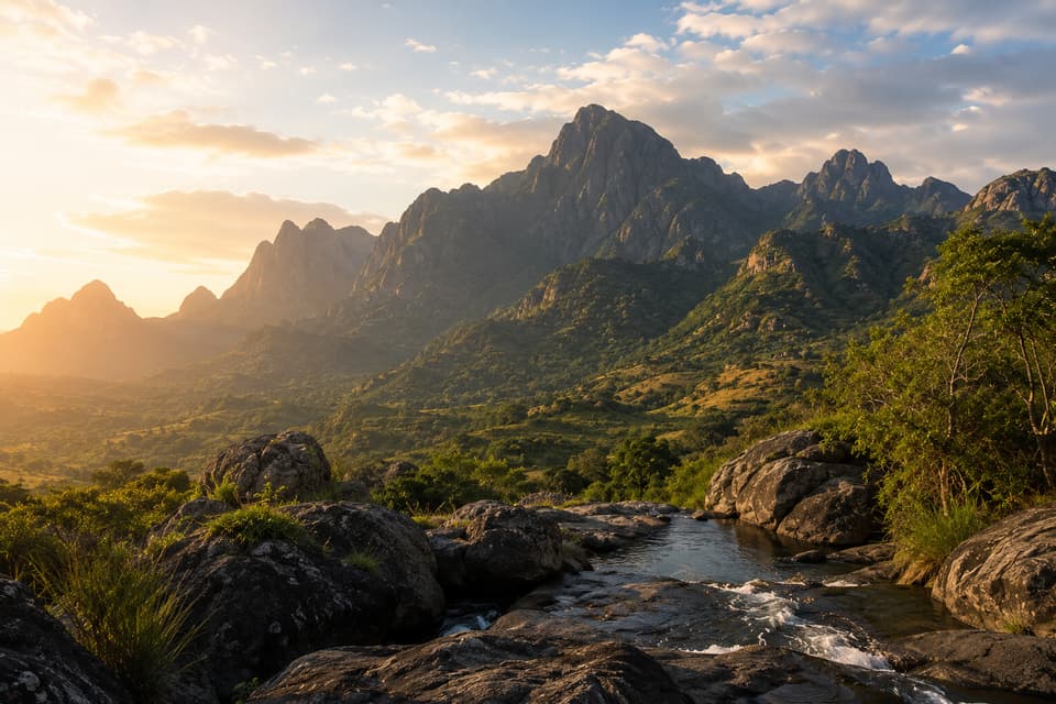Un ruscello scorre su rocce in primo piano, con montagne verdeggianti sullo sfondo sotto un cielo al tramonto.