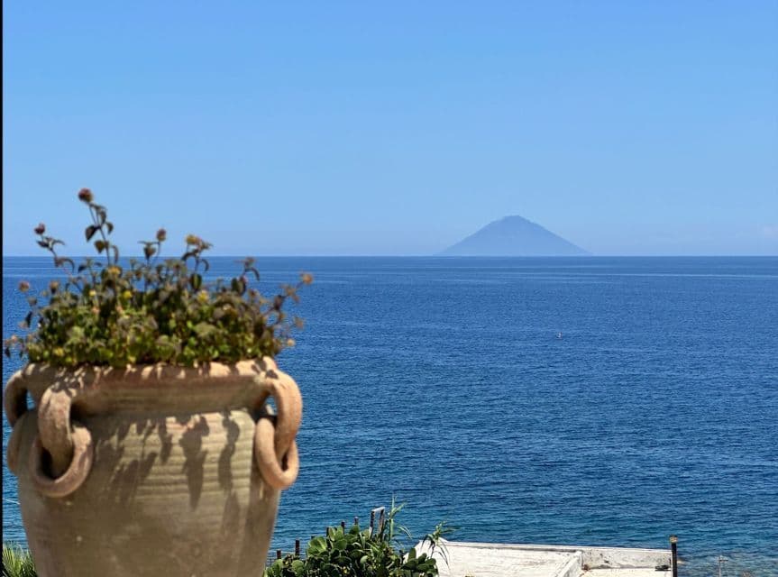 Ein Terrakottatopf mit Pflanzen auf einer Terrasse mit Blick auf das blaue Meer und eine Vulkaninsel am Horizont.