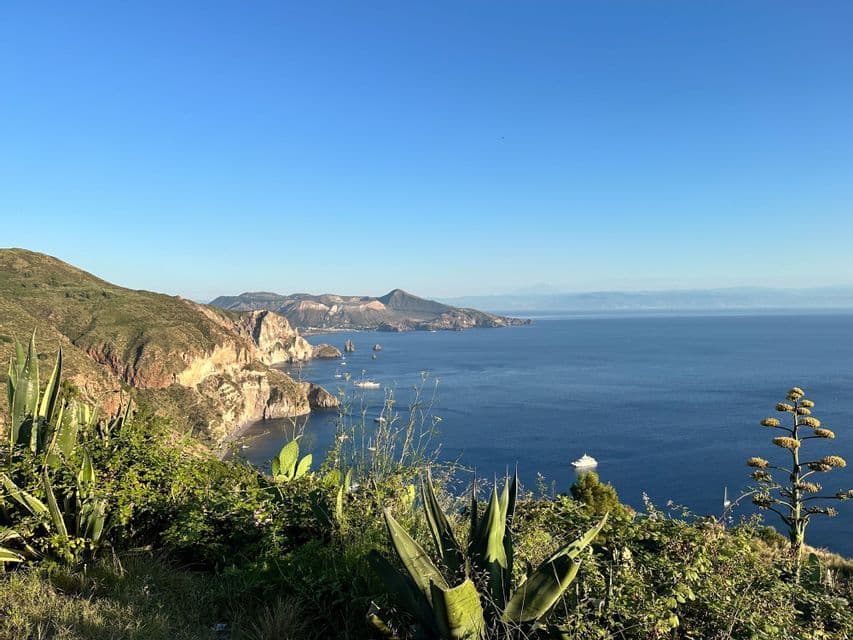 La rigogliosa vegetazione verde incornicia una costa rocciosa e un mare di un blu profondo, punteggiato da barche sotto un cielo sereno.