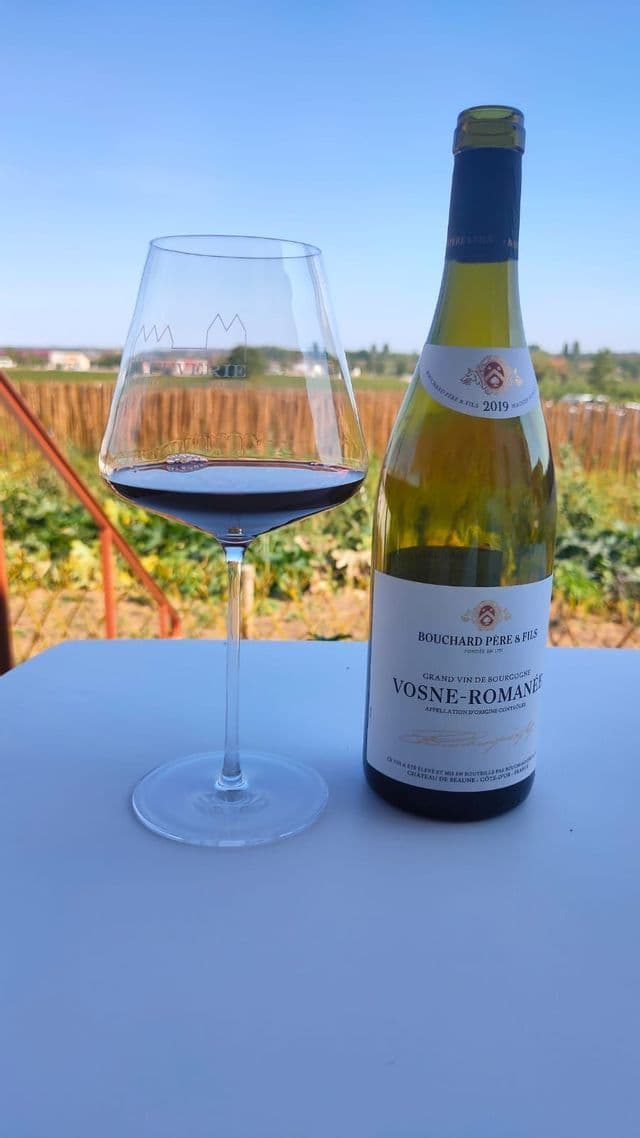 Un bicchiere di vino rosso e una bottiglia di Vosne-Romanée sono su un tavolo all'aperto davanti a un vigneto.