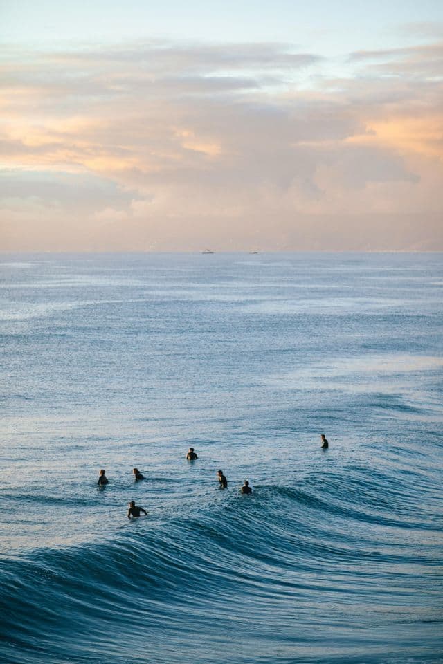 Un grupo de surfistas en el océano espera olas bajo un cielo suave y nublado al amanecer o atardecer.