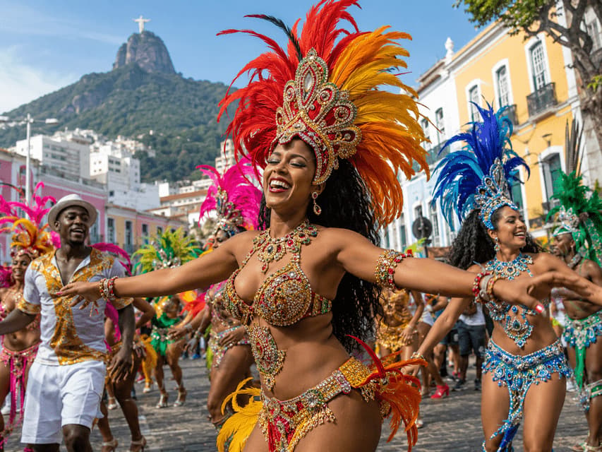 Una donna in un costume piumato colorato sorride mentre balla in una parata di strada, con una montagna e una statua sullo sfondo.
