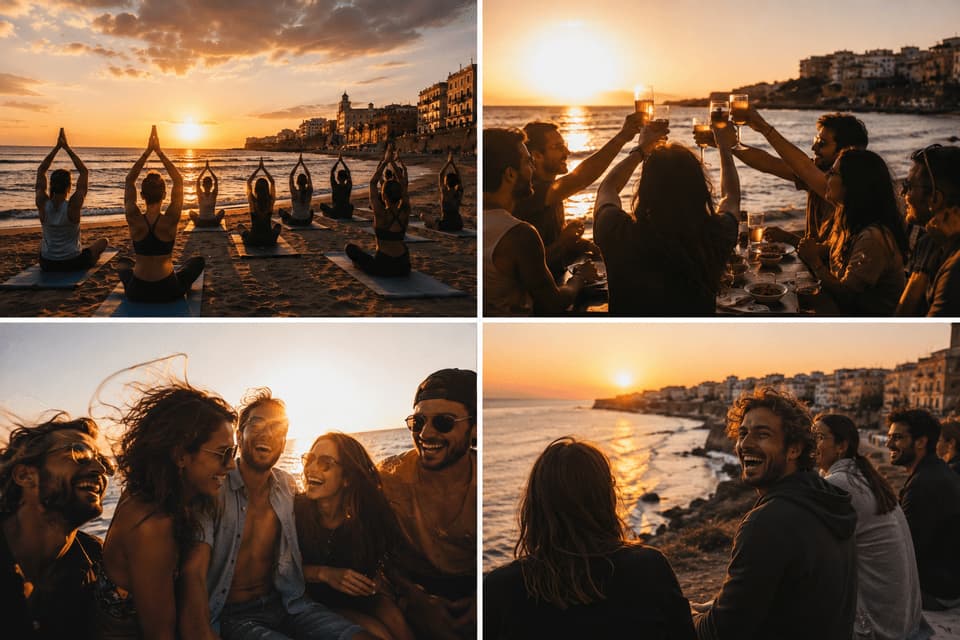 Un collage di quattro foto che mostrano un viaggio di gruppo WeRoad mentre si divertono con attività come lo yoga in spiaggia e brindano al tramonto in riva al mare.