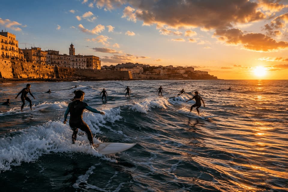 Un viaggio di gruppo WeRoad facendo surf sulle onde dell'oceano durante un tramonto dorato, con una città costiera storica sullo sfondo.