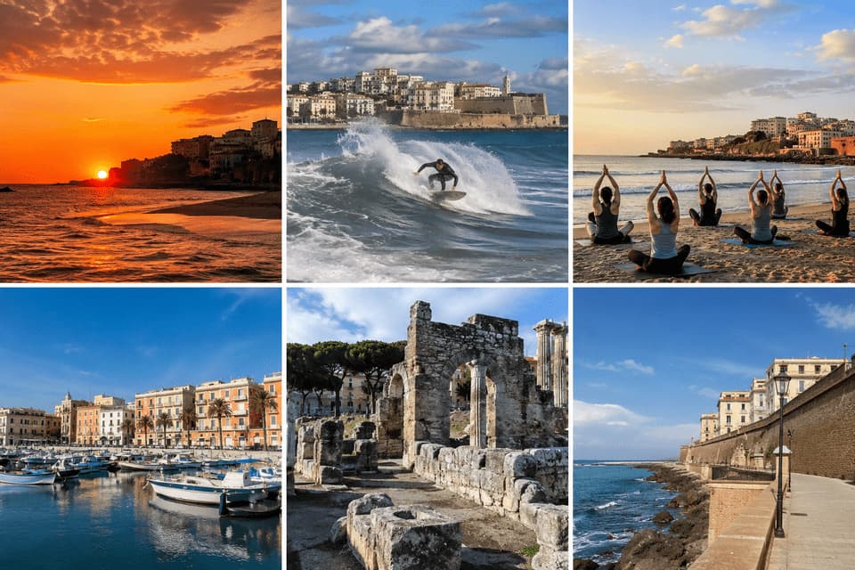 Un collage di un viaggio di gruppo WeRoad in una zona costiera con surf, yoga in spiaggia, antiche rovine, un porto e un tramonto.