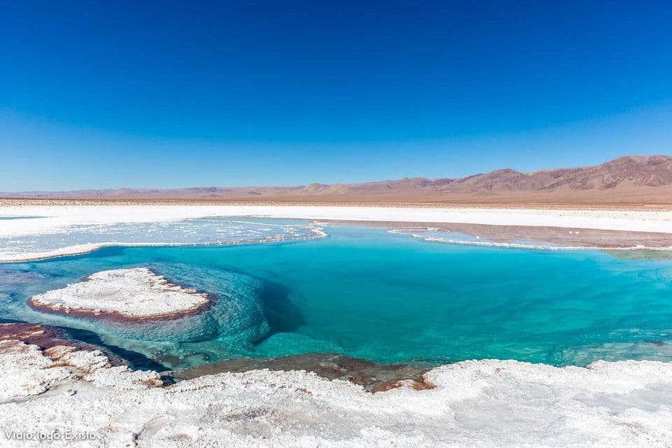 Un bassin d'eau turquoise claire entouré de salines blanches, avec des montagnes lointaines sous un ciel bleu.