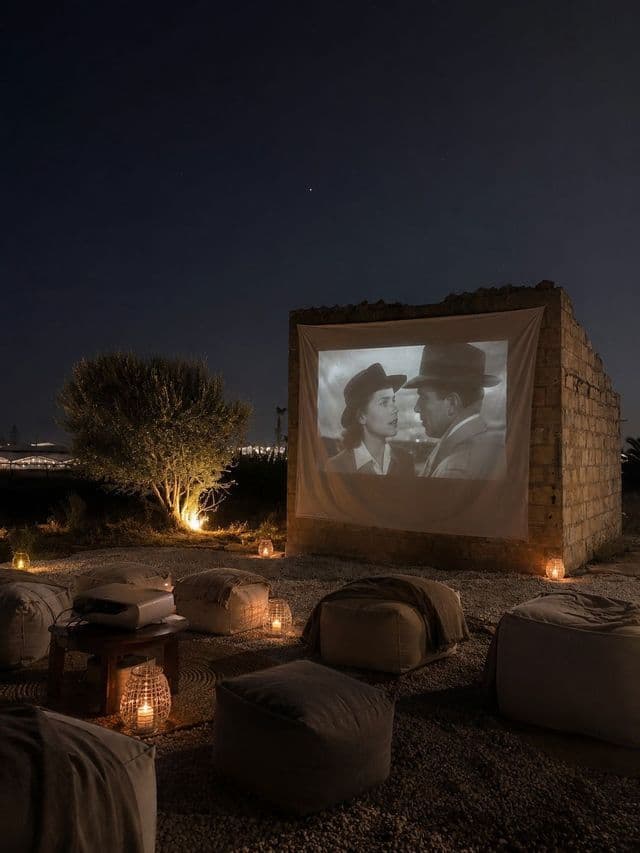 Un cinema all'aperto proietta un film classico su uno schermo contro un muro di pietra, di notte, con cuscini e lanterne sulla ghiaia sottostante.