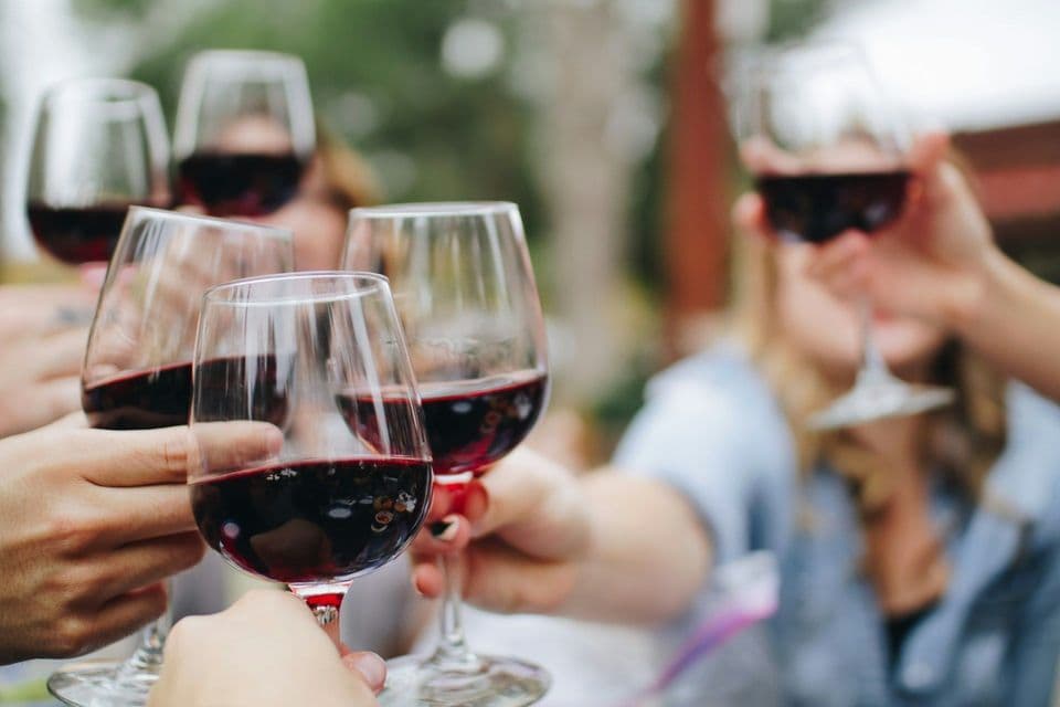 Un gruppo WeRoad che brinda con calici di vino rosso.