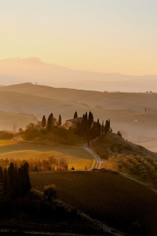Un casale in pietra circondato da cipressi sorge su una dolce collina, illuminato dalla luce dorata di un'alba velata.