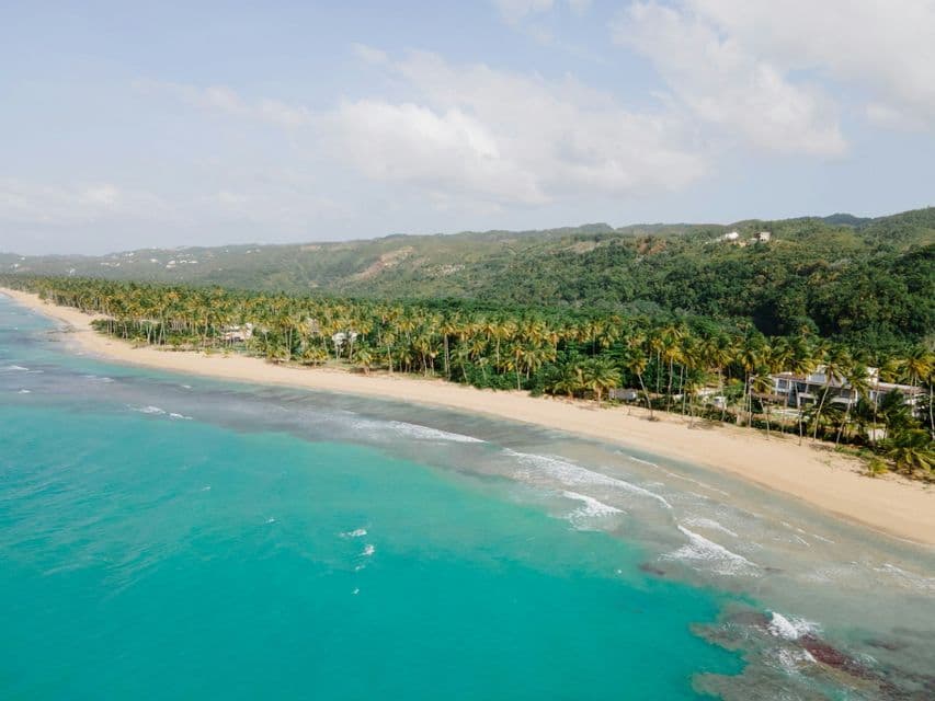 Una veduta aerea di una lunga spiaggia sabbiosa con acqua turchese, costeggiata da palme e con dietro colline verdi.