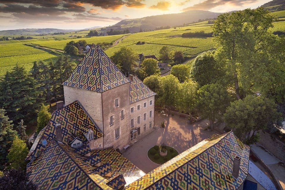 Eine Luftaufnahme eines Schlosses mit einem bunten geometrischen Ziegeldach, umgeben von üppig grünen Weinbergen auf sanften Hügeln bei Sonnenuntergang.