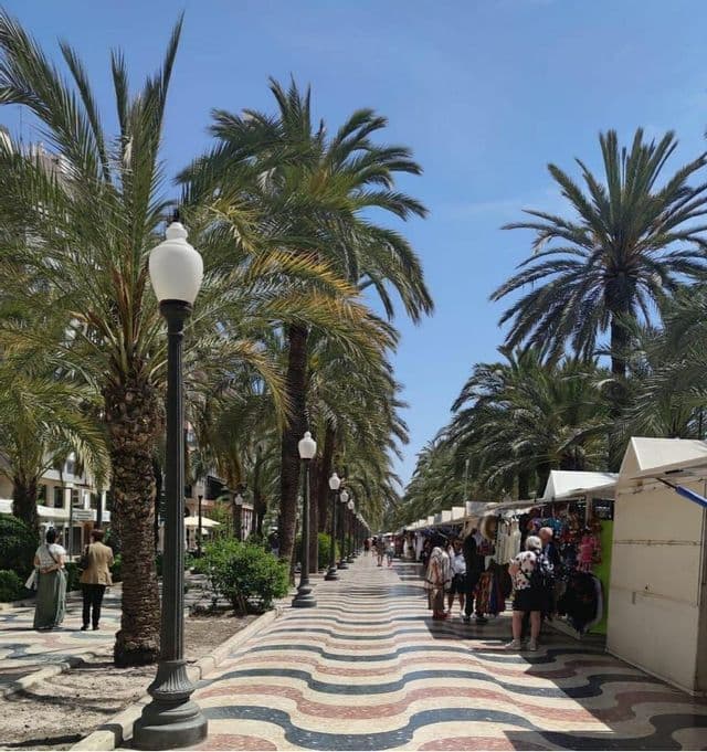 Un'ampia passeggiata con pavimentazione a onde è fiancheggiata da alte palme e bancarelle, con persone che vi camminano in una giornata di sole.
