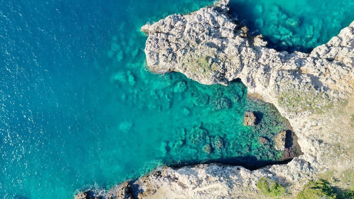 An aerial top-down view of a rugged, light-colored rocky shoreline meeting a clear, turquoise sea.