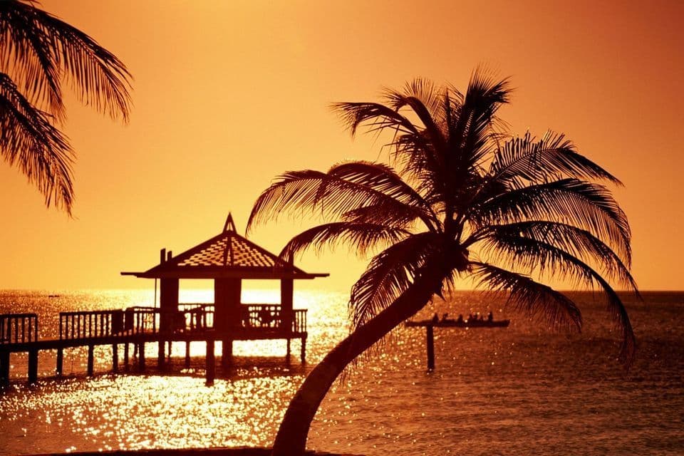 Ein Steg mit Pavillon und Palme als Silhouette über glitzerndem Wasser vor einem orangefarbenen Sonnenuntergangshimmel.