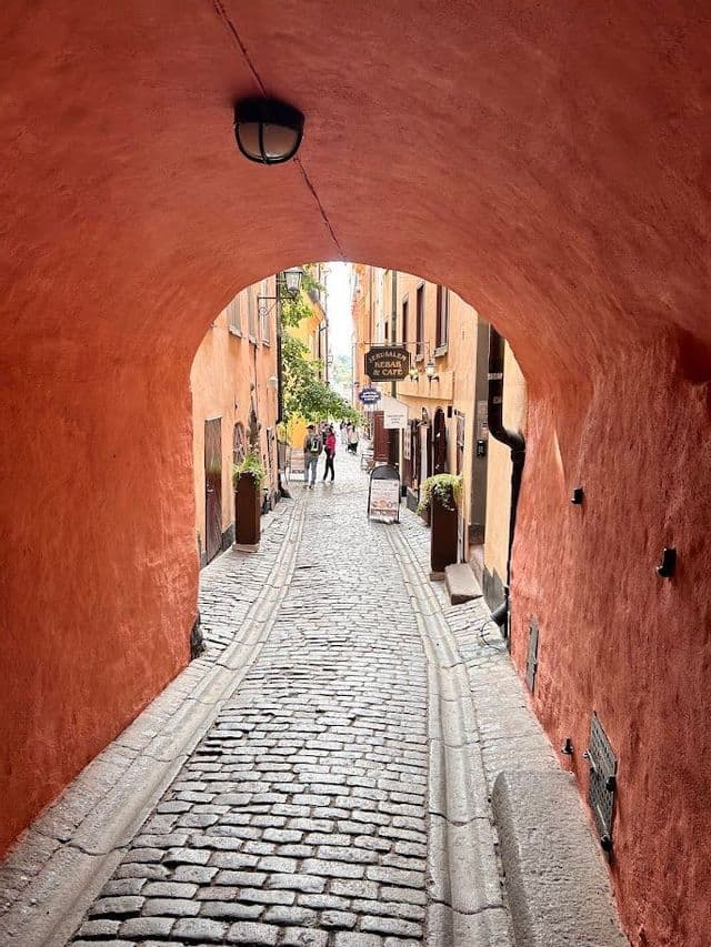 Looking from a terracotta-colored archway onto a narrow cobblestone alley with historic buildings and pedestrians.