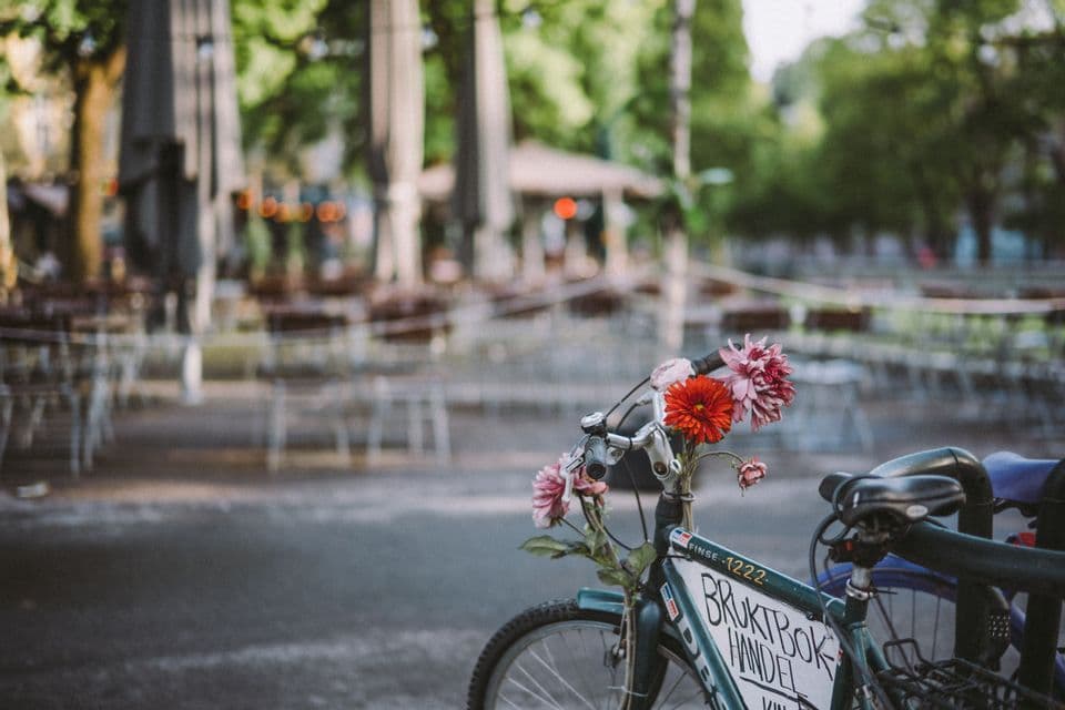 A close-up of a bicycle with red and pink flowers on the handlebars, parked in front of a blurry outdoor cafe with trees.