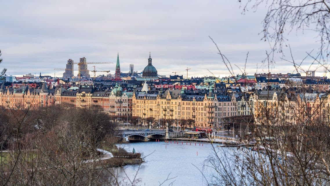 A view of a European cityscape with traditional buildings and church spires lining a river under a cloudy sky.