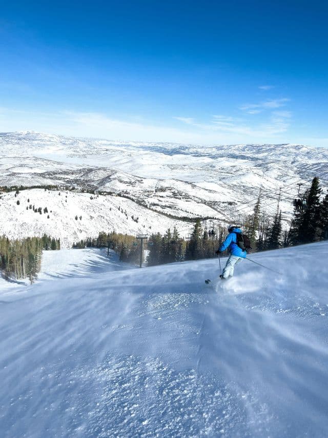 Un esquiador con chaqueta azul desciende por una pendiente nevada, con una vista panorámica de montañas cubiertas de nieve bajo un cielo despejado.