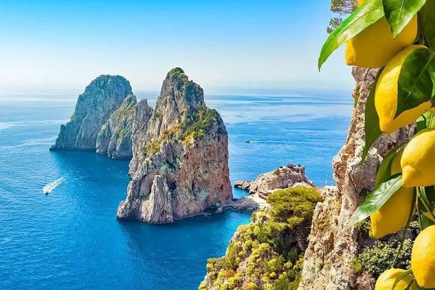 A branch of yellow lemons hangs in the foreground, with two large rock formations rising from the blue sea in the background.
