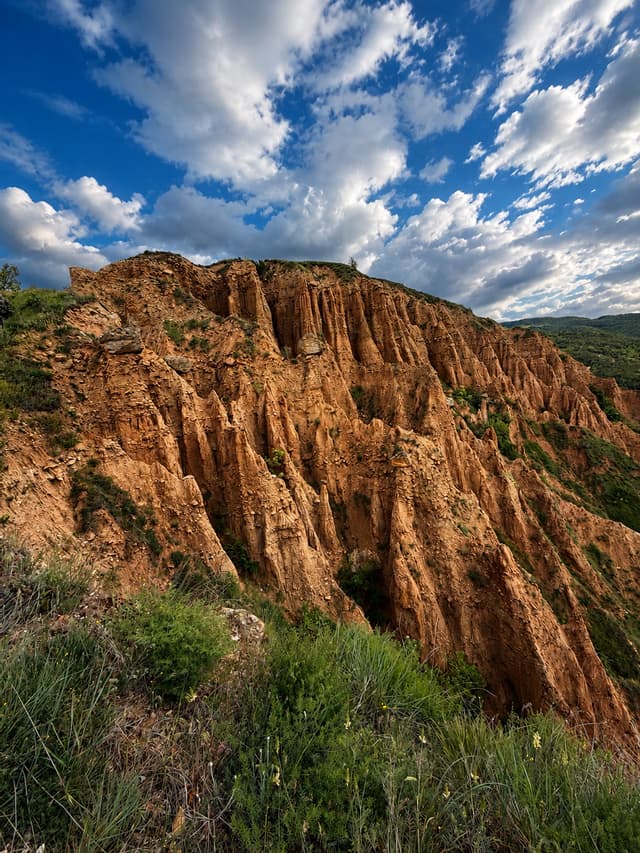 Un paysage de formations rocheuses érodées abruptes, brun-rougeâtre, et de cheminées de fées sous un ciel bleu avec des nuages blancs.